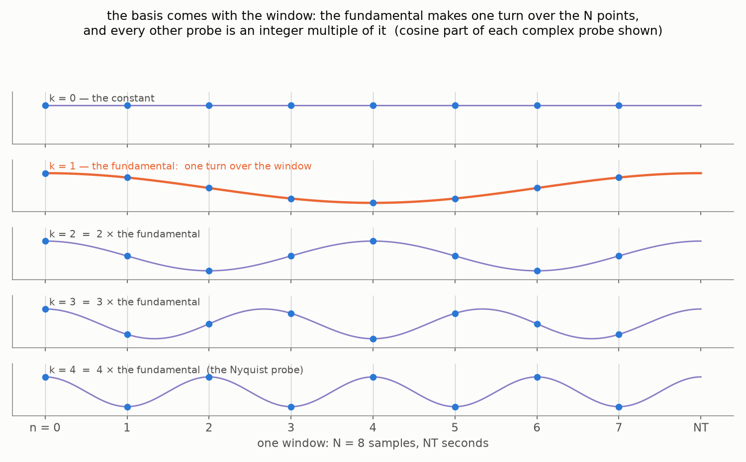 The DFT basis over one window: the fundamental and its integer multiples