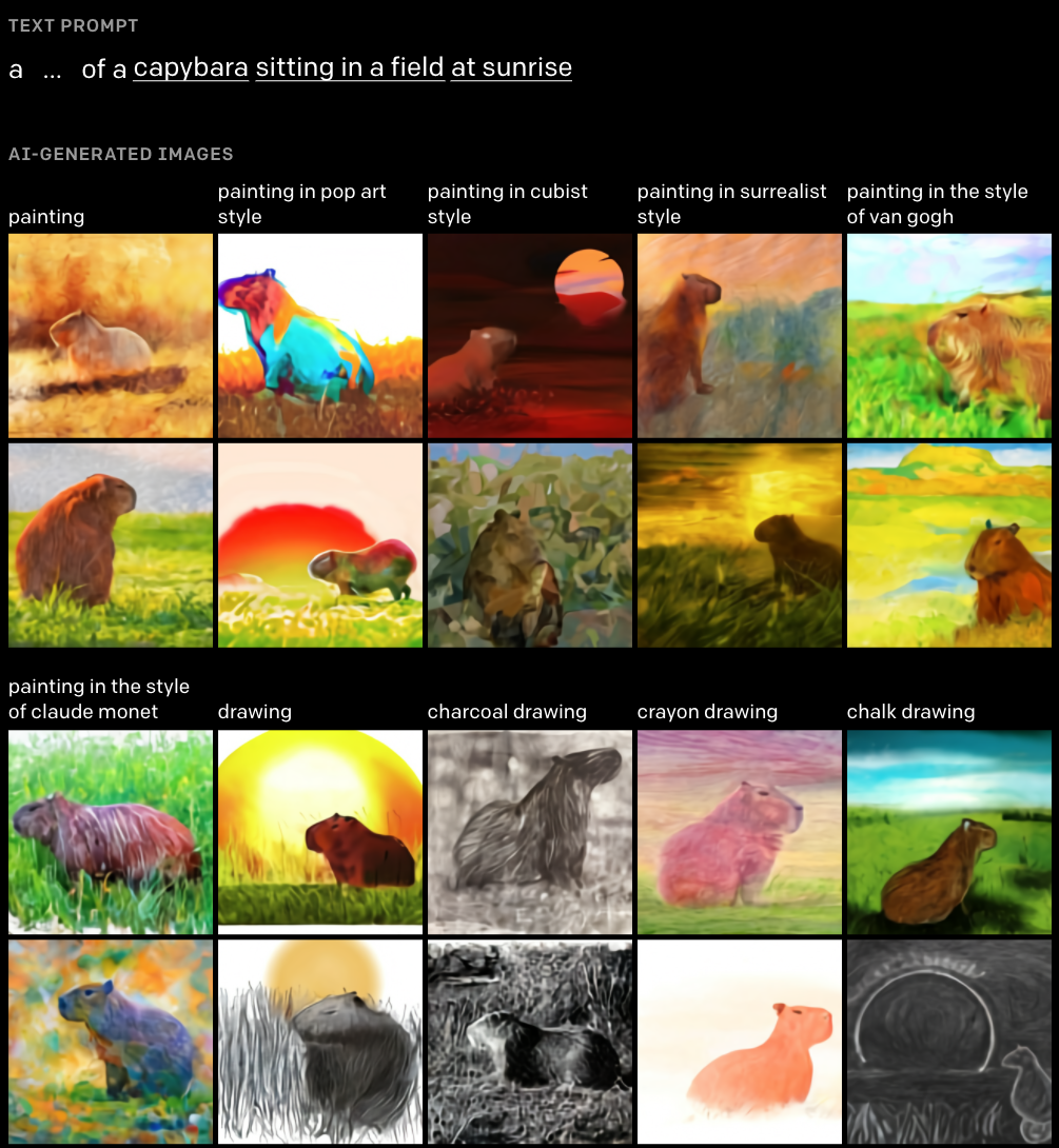 DALL-E: a capybara in a field at sunrise, in different styles
